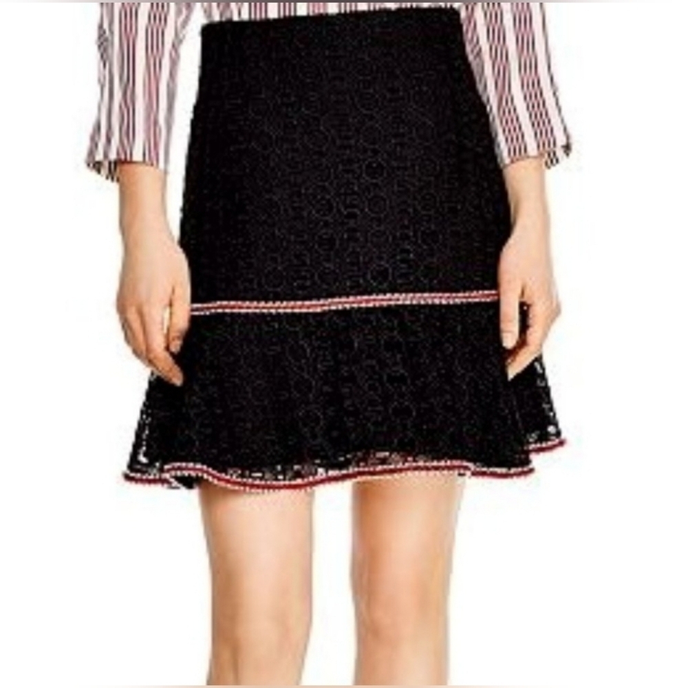 Sandro Paris Richard Chain Link Black Eyelet Elegant Lace Skirt Red Trim Size 1